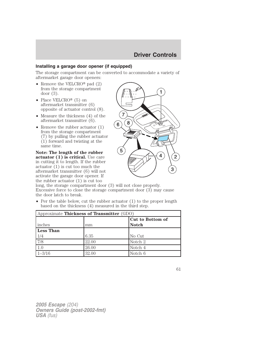 Installing a garage door opener (if equipped), Driver controls | FORD 2005 Escape v.5 User Manual | Page 61 / 296