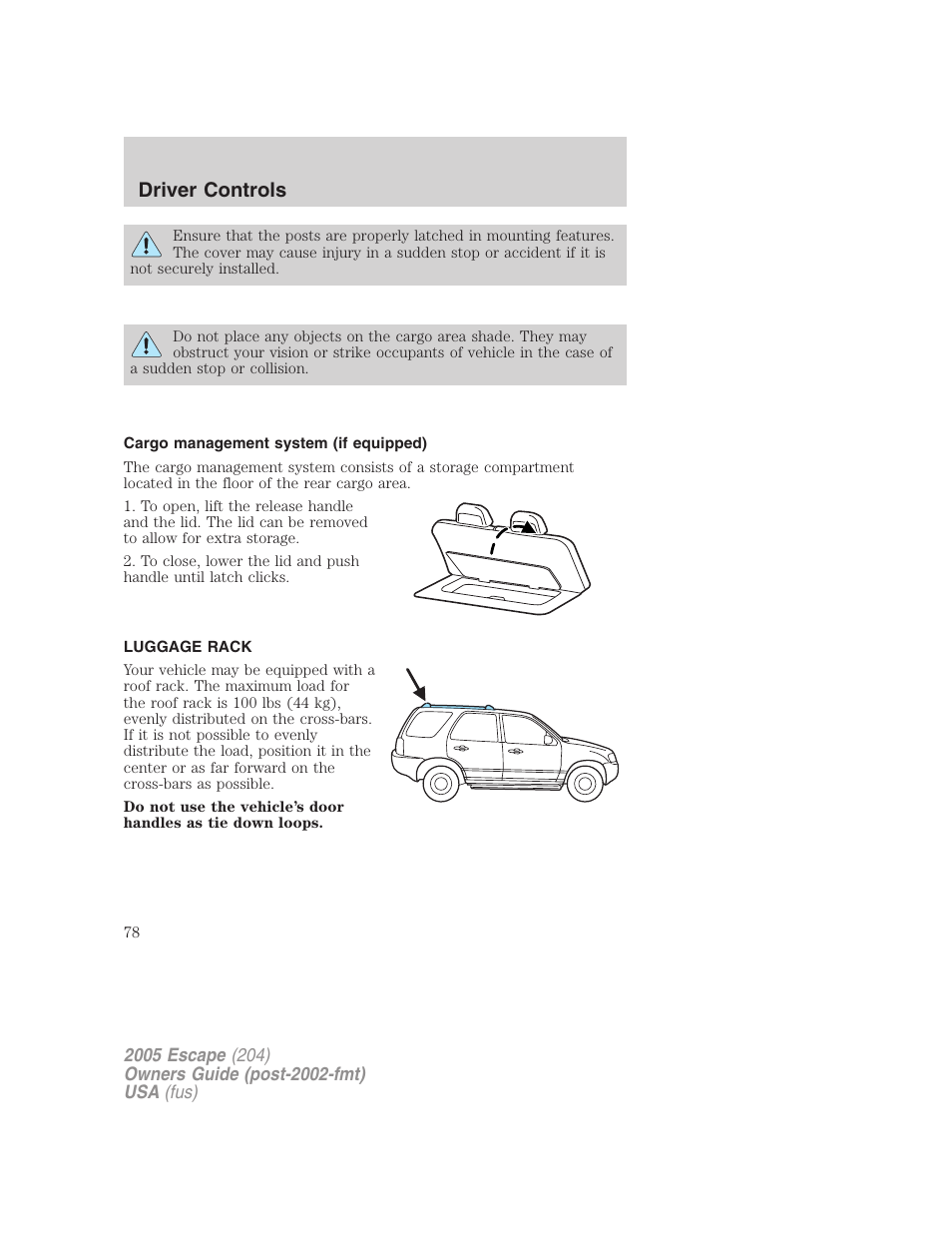Cargo management system (if equipped), Luggage rack, To adjust the cross-bar (if equipped) position | Driver controls | FORD 2005 Escape v.5 User Manual | Page 78 / 296