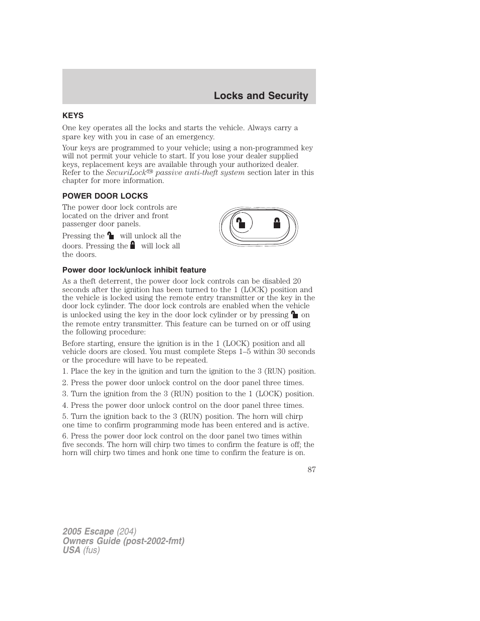 Locks and security, Keys, Power door locks | Power door lock/unlock inhibit feature, Locks | FORD 2005 Escape v.5 User Manual | Page 87 / 296