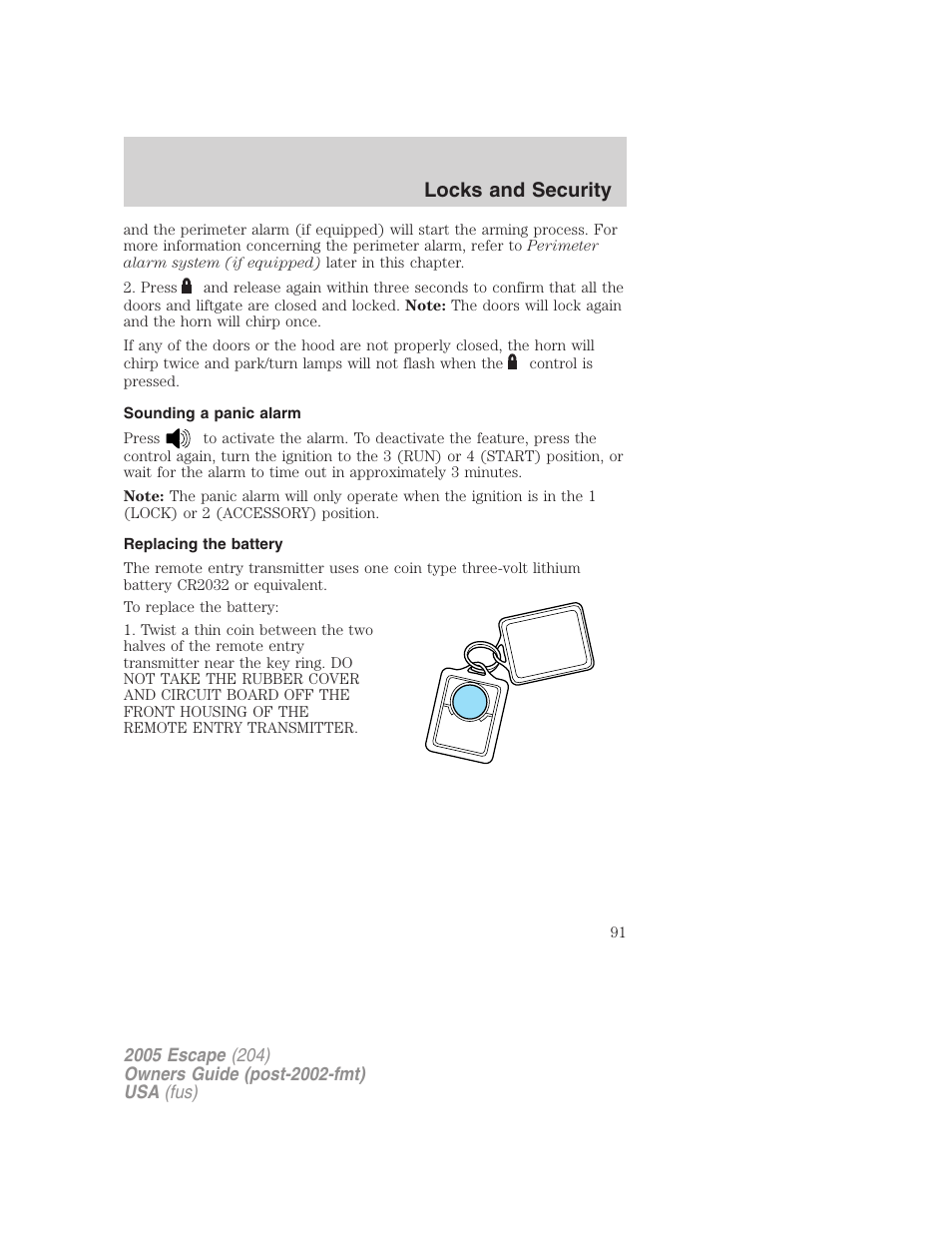 Sounding a panic alarm, Replacing the battery, Locks and security | FORD 2005 Escape v.5 User Manual | Page 91 / 296