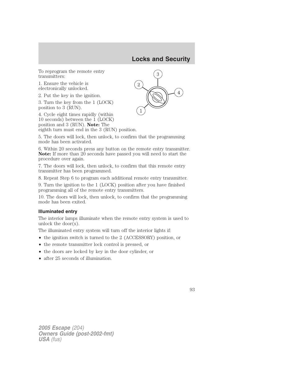 Illuminated entry, Locks and security | FORD 2005 Escape v.5 User Manual | Page 93 / 296