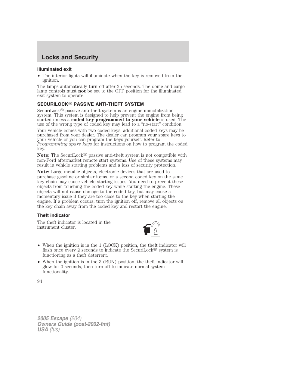 Illuminated exit, Securilock passive anti-theft system, Theft indicator | Anti-theft system, Locks and security | FORD 2005 Escape v.5 User Manual | Page 94 / 296