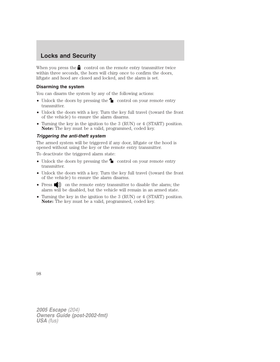 Disarming the system, Triggering the anti-theft system, Locks and security | FORD 2005 Escape v.5 User Manual | Page 98 / 296