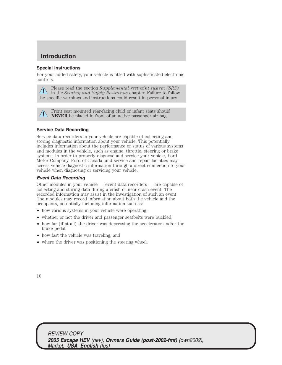 Introduction | FORD 2005 Escape Hybrid v.1 User Manual | Page 10 / 328