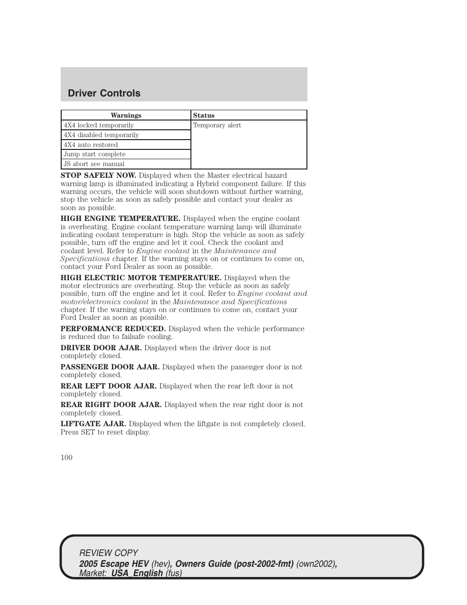 Driver controls | FORD 2005 Escape Hybrid v.1 User Manual | Page 100 / 328