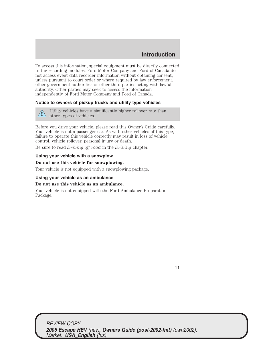 Introduction | FORD 2005 Escape Hybrid v.1 User Manual | Page 11 / 328