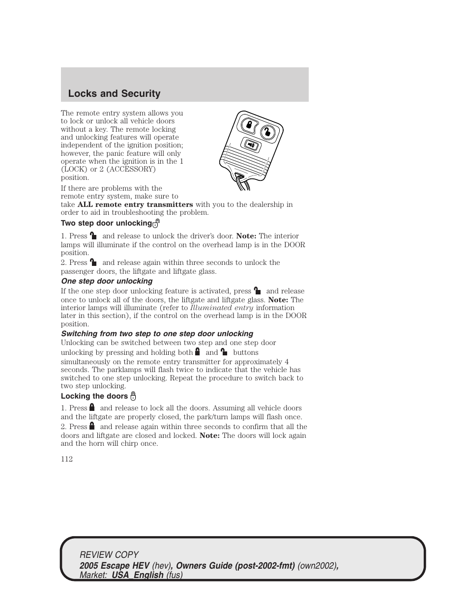 Locks and security | FORD 2005 Escape Hybrid v.1 User Manual | Page 112 / 328