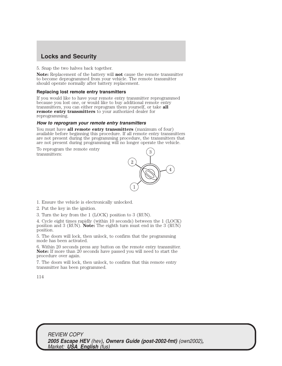 Locks and security | FORD 2005 Escape Hybrid v.1 User Manual | Page 114 / 328