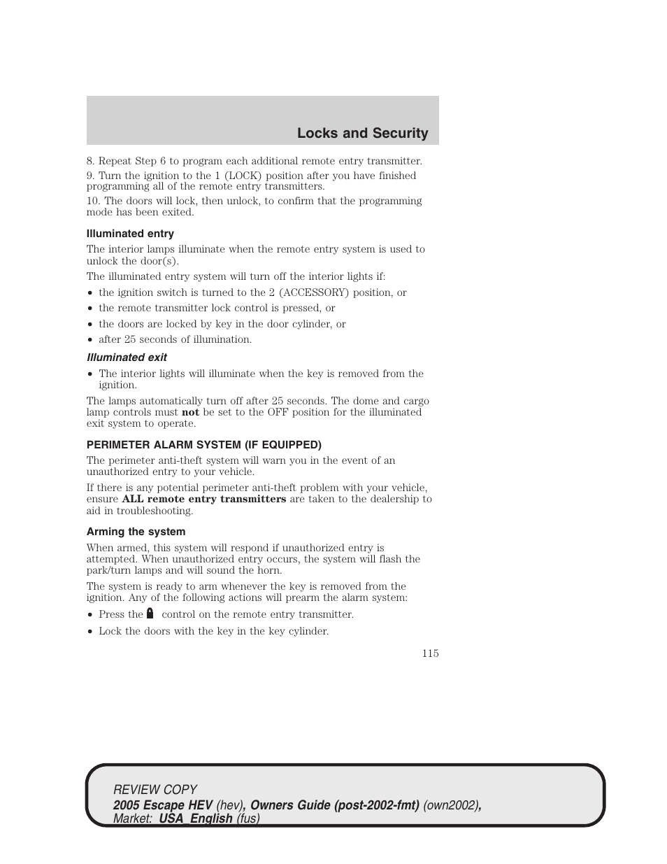 Locks and security | FORD 2005 Escape Hybrid v.1 User Manual | Page 115 / 328