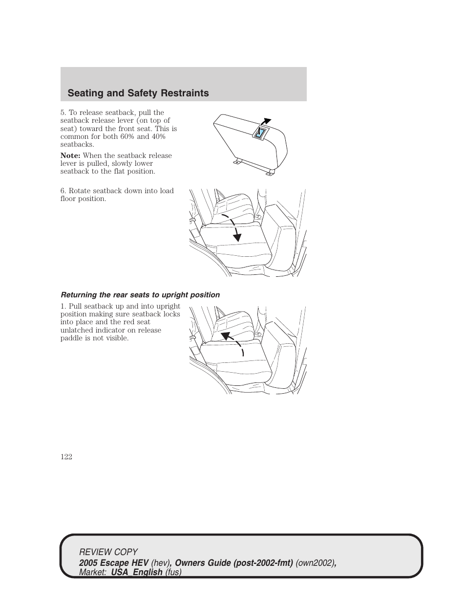 Seating and safety restraints | FORD 2005 Escape Hybrid v.1 User Manual | Page 122 / 328