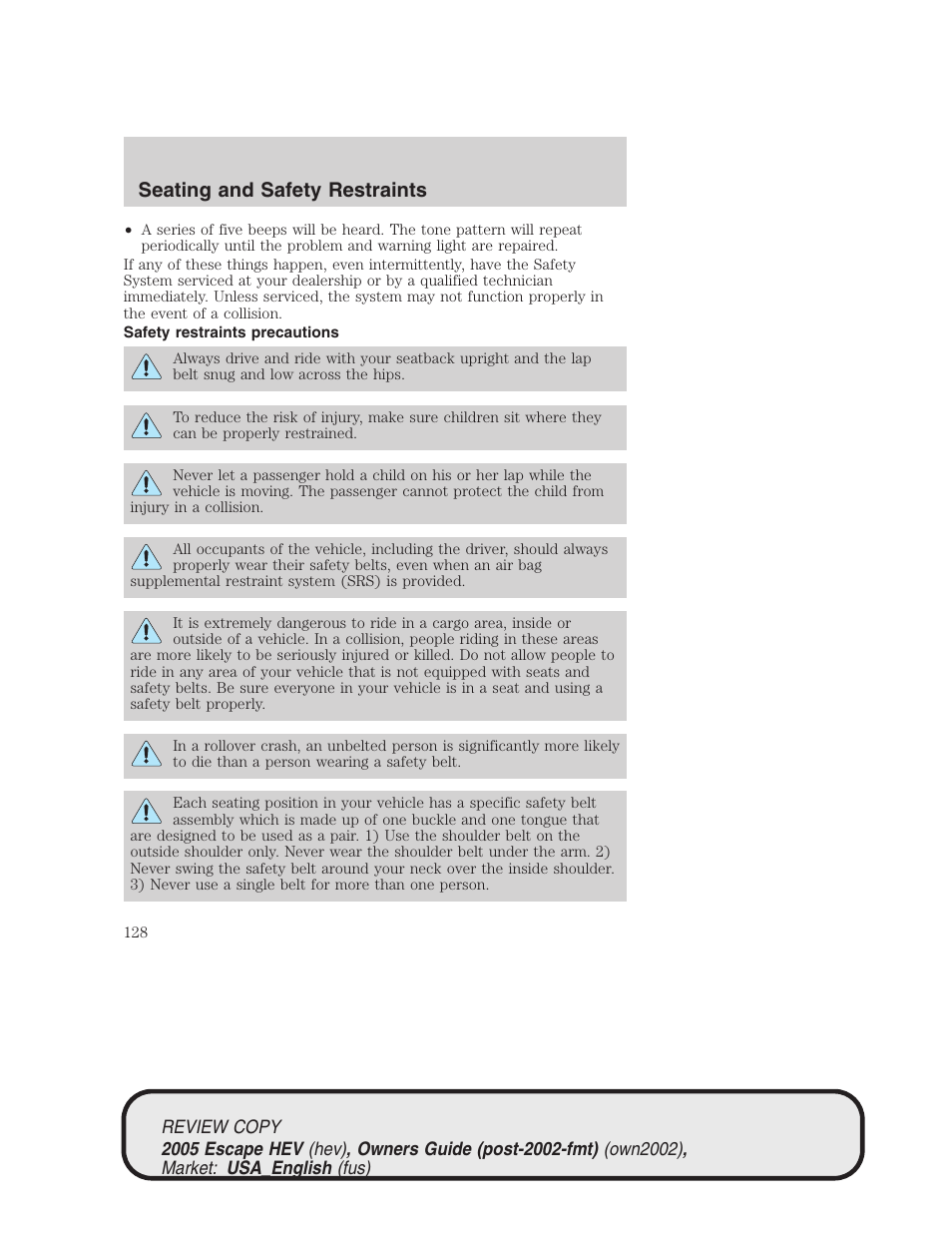 Seating and safety restraints | FORD 2005 Escape Hybrid v.1 User Manual | Page 128 / 328