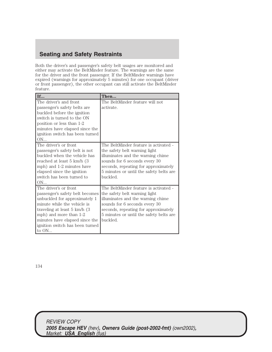 Seating and safety restraints | FORD 2005 Escape Hybrid v.1 User Manual | Page 134 / 328