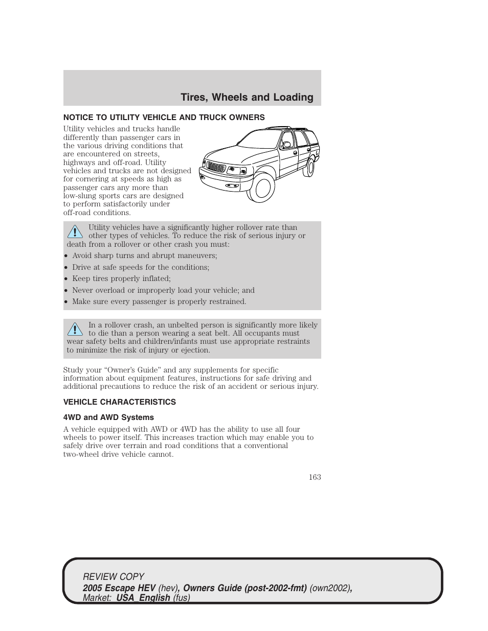 Tires, wheels and loading | FORD 2005 Escape Hybrid v.1 User Manual | Page 163 / 328