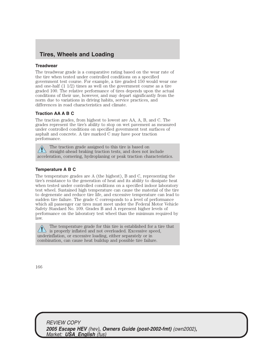 Tires, wheels and loading | FORD 2005 Escape Hybrid v.1 User Manual | Page 166 / 328