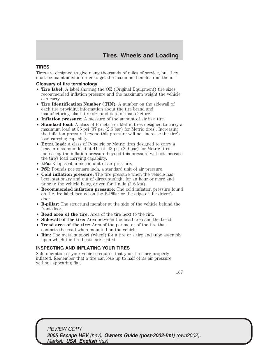 Tires, wheels and loading | FORD 2005 Escape Hybrid v.1 User Manual | Page 167 / 328