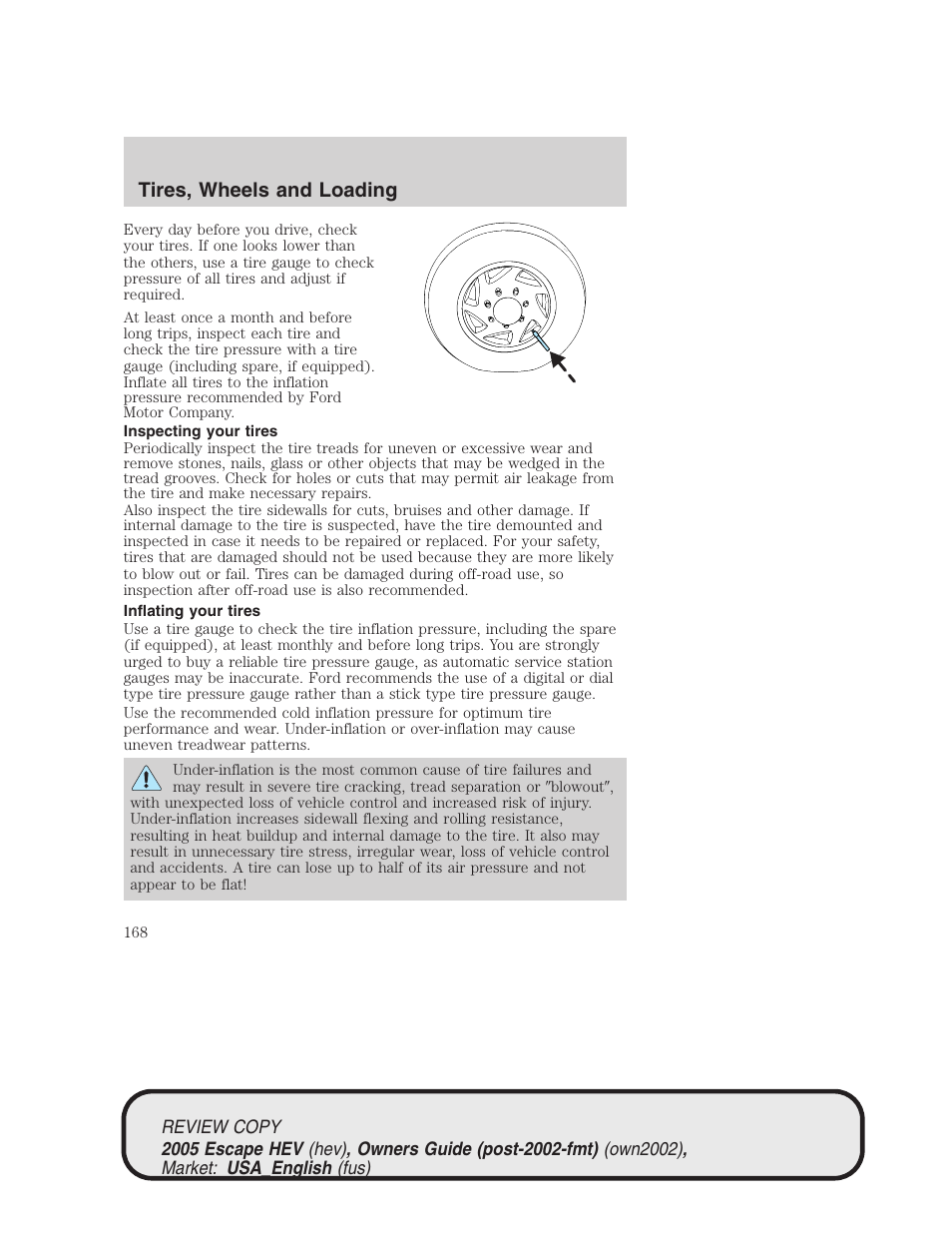 Tires, wheels and loading | FORD 2005 Escape Hybrid v.1 User Manual | Page 168 / 328