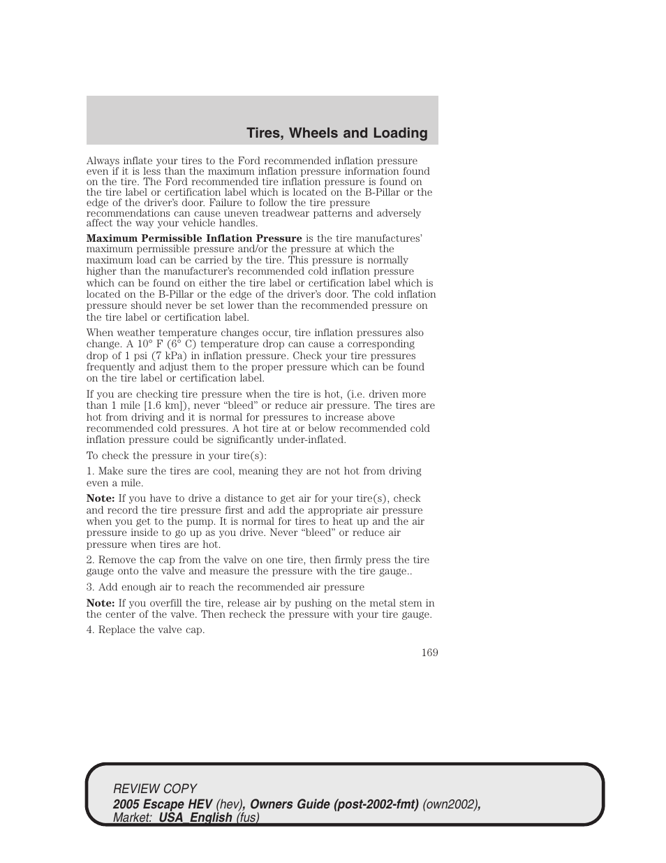 Tires, wheels and loading | FORD 2005 Escape Hybrid v.1 User Manual | Page 169 / 328