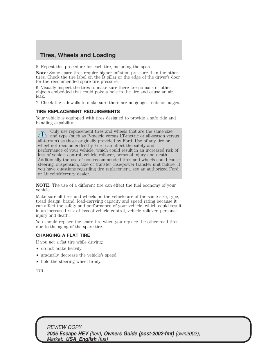 Tires, wheels and loading | FORD 2005 Escape Hybrid v.1 User Manual | Page 170 / 328