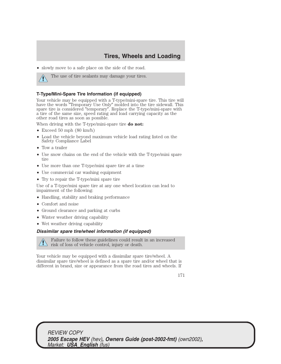 Tires, wheels and loading | FORD 2005 Escape Hybrid v.1 User Manual | Page 171 / 328