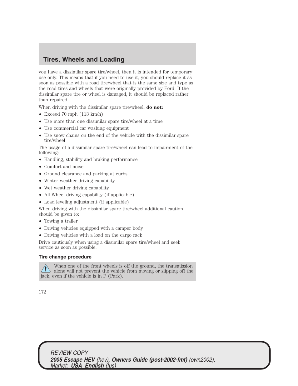 Tires, wheels and loading | FORD 2005 Escape Hybrid v.1 User Manual | Page 172 / 328