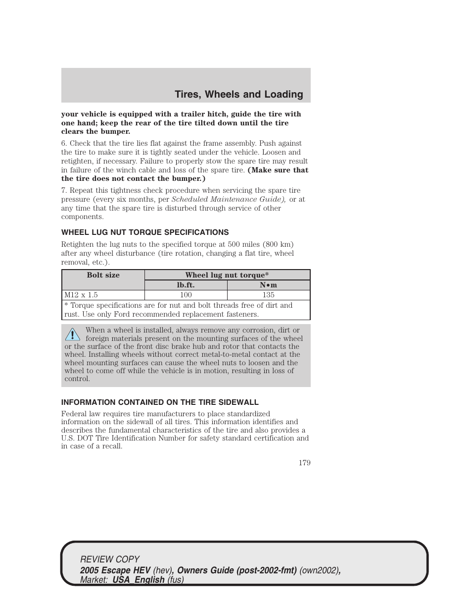 Tires, wheels and loading | FORD 2005 Escape Hybrid v.1 User Manual | Page 179 / 328