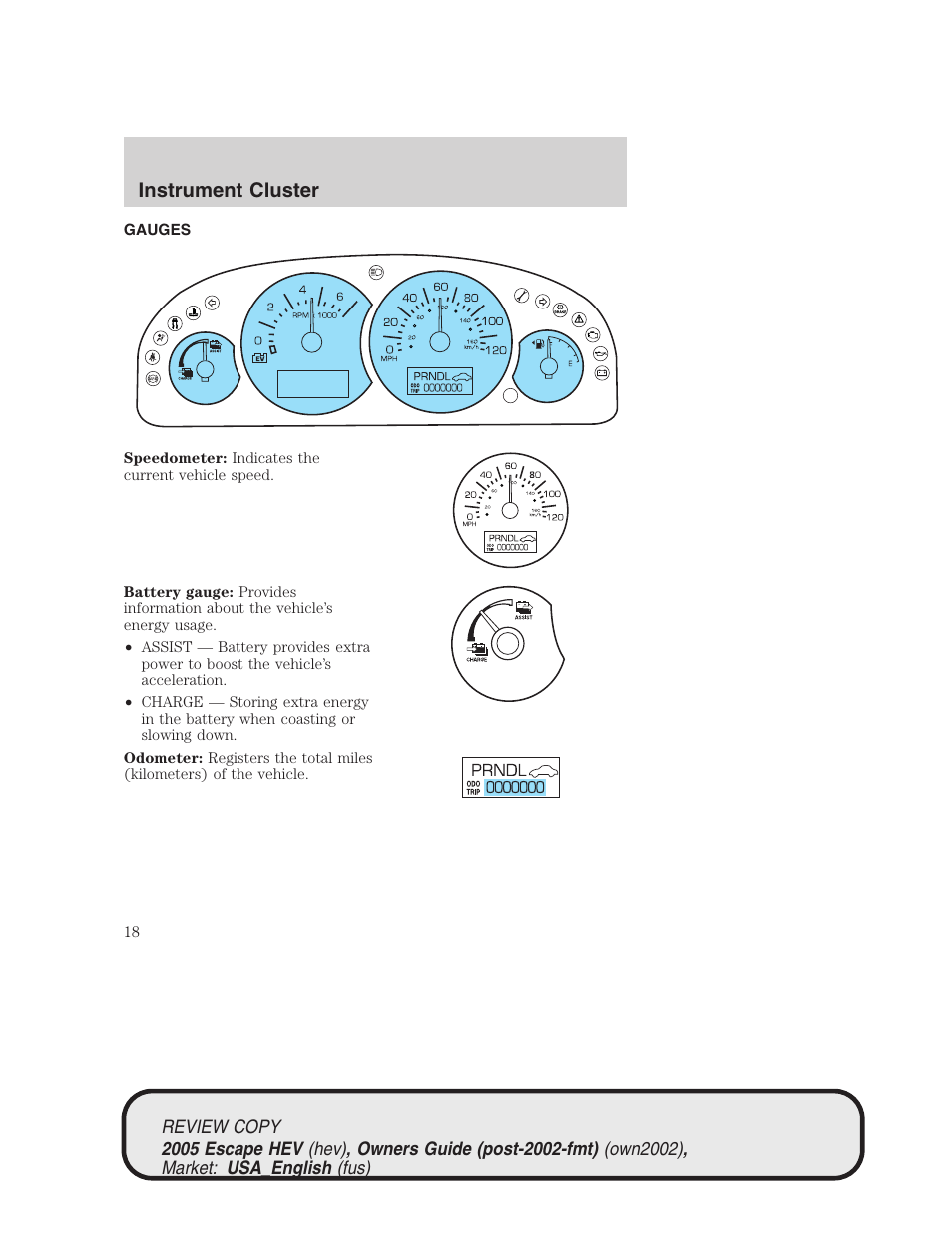 Instrument cluster | FORD 2005 Escape Hybrid v.1 User Manual | Page 18 / 328