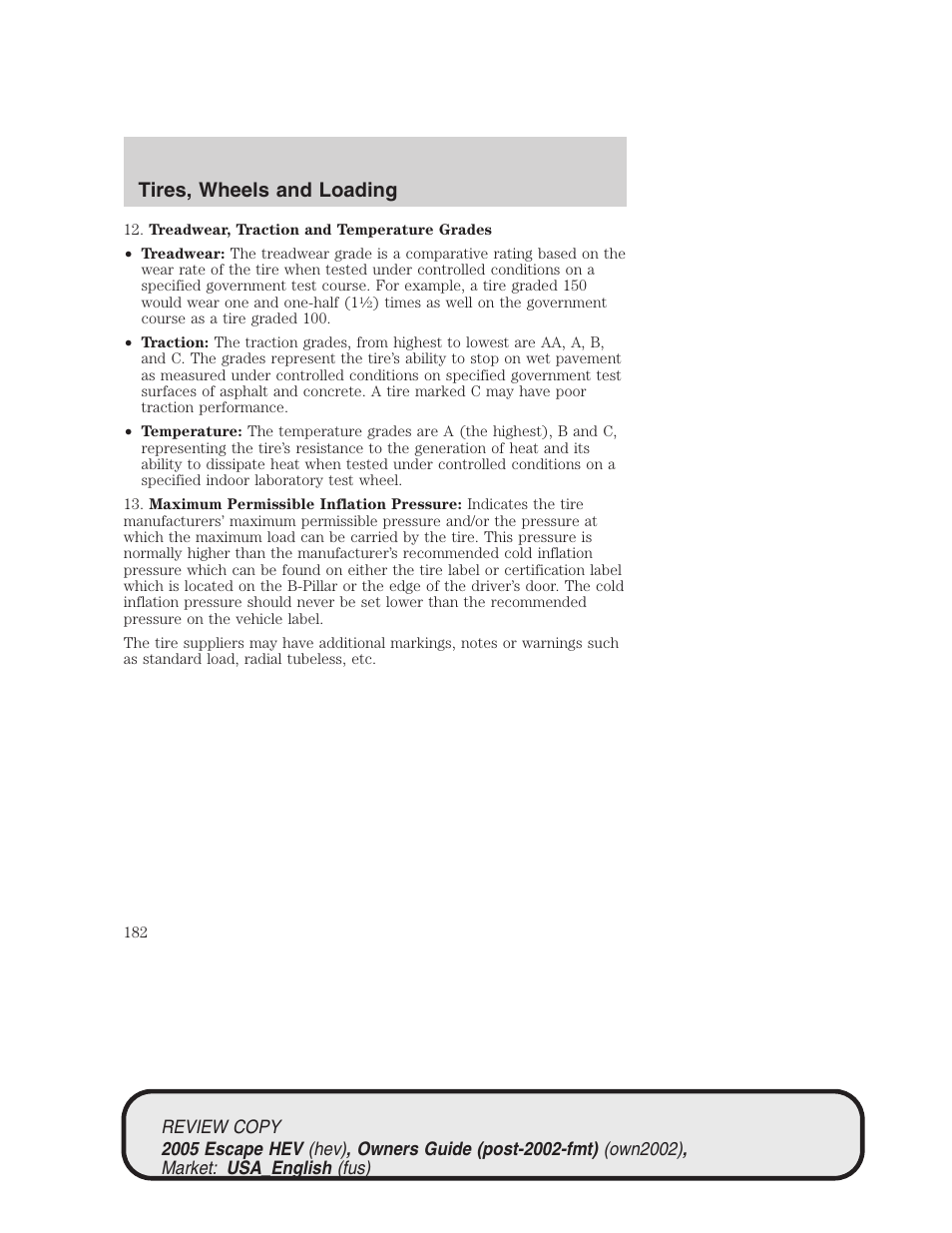 Tires, wheels and loading | FORD 2005 Escape Hybrid v.1 User Manual | Page 182 / 328