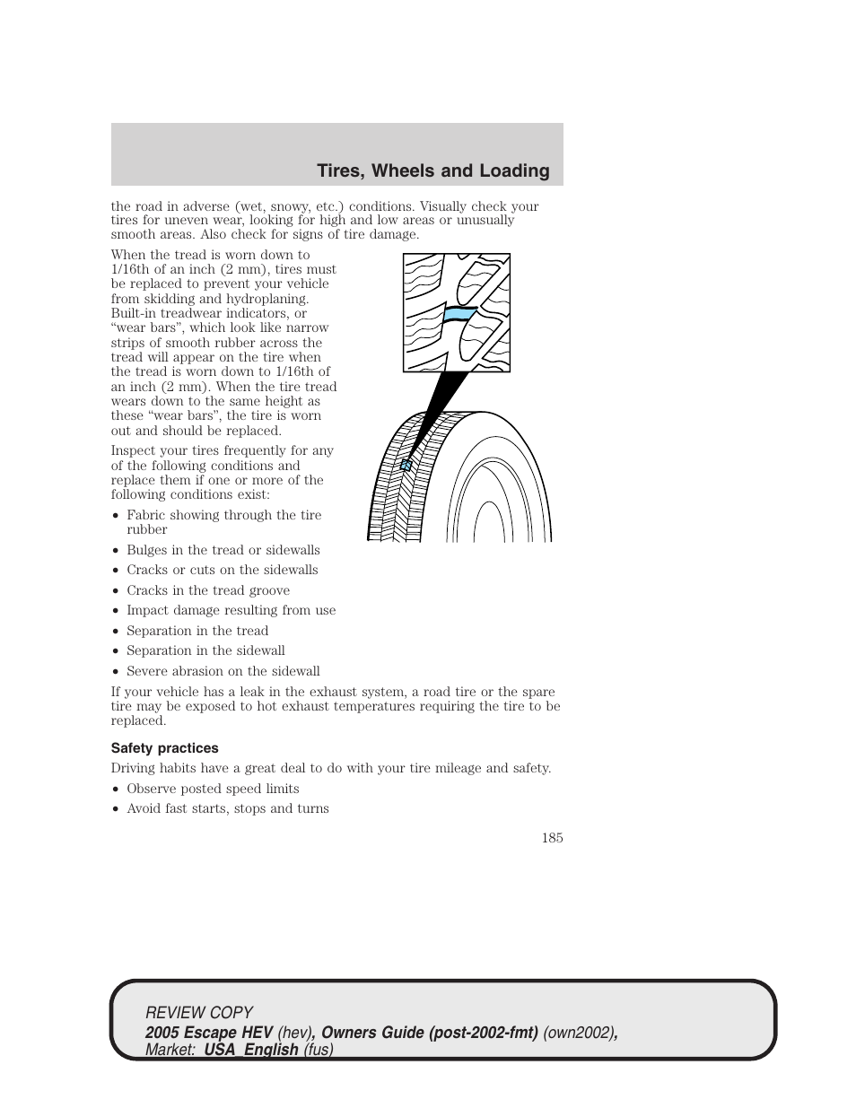 Tires, wheels and loading | FORD 2005 Escape Hybrid v.1 User Manual | Page 185 / 328
