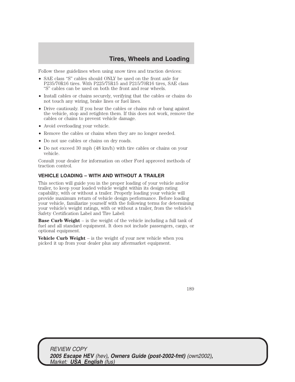 Tires, wheels and loading | FORD 2005 Escape Hybrid v.1 User Manual | Page 189 / 328