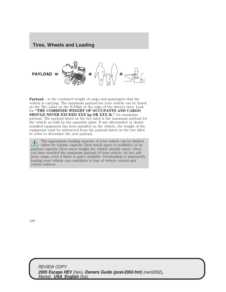 Tires, wheels and loading | FORD 2005 Escape Hybrid v.1 User Manual | Page 190 / 328