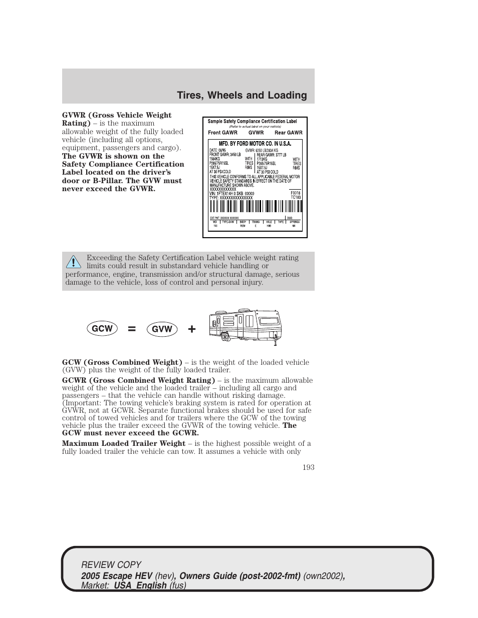 Tires, wheels and loading | FORD 2005 Escape Hybrid v.1 User Manual | Page 193 / 328