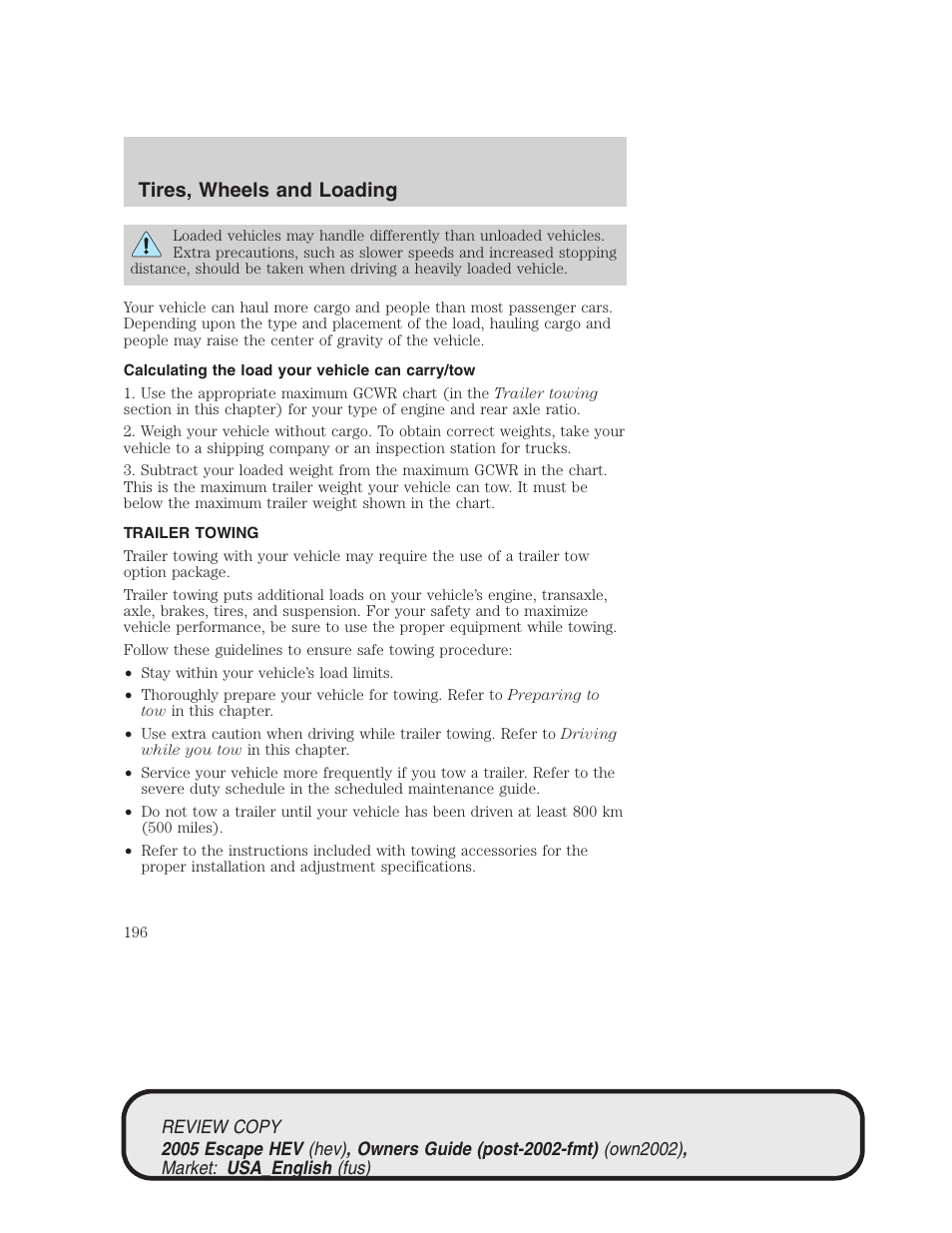 Tires, wheels and loading | FORD 2005 Escape Hybrid v.1 User Manual | Page 196 / 328