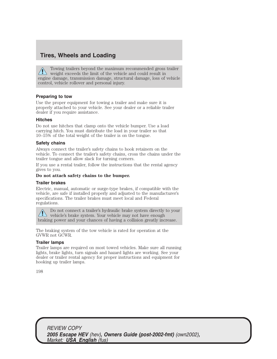 Tires, wheels and loading | FORD 2005 Escape Hybrid v.1 User Manual | Page 198 / 328