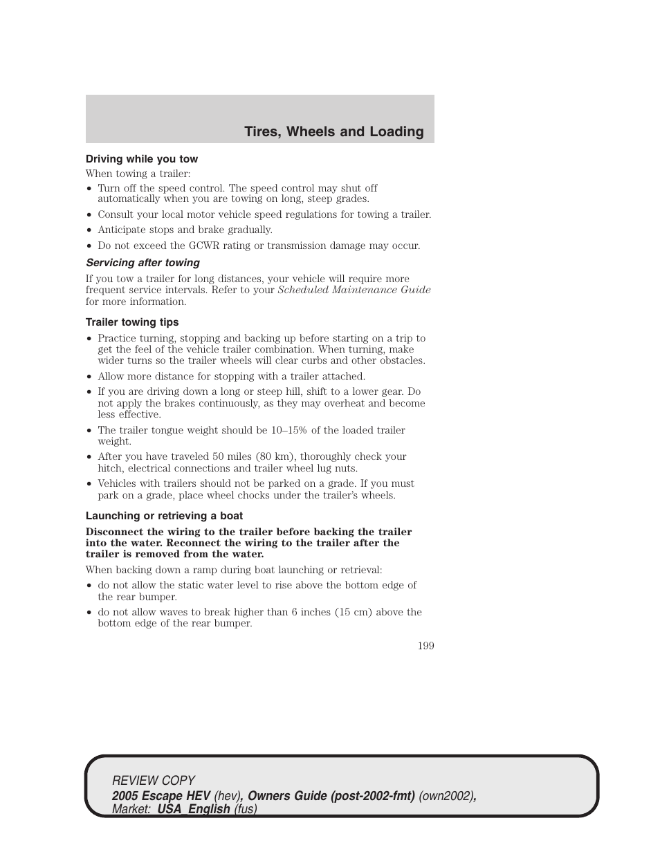 Tires, wheels and loading | FORD 2005 Escape Hybrid v.1 User Manual | Page 199 / 328