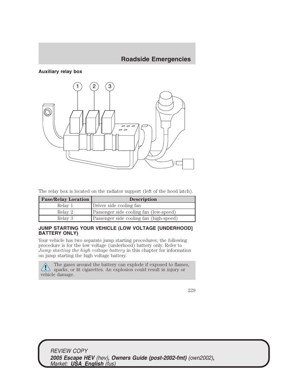 Roadside emergencies | FORD 2005 Escape Hybrid v.1 User Manual | Page 229 / 328