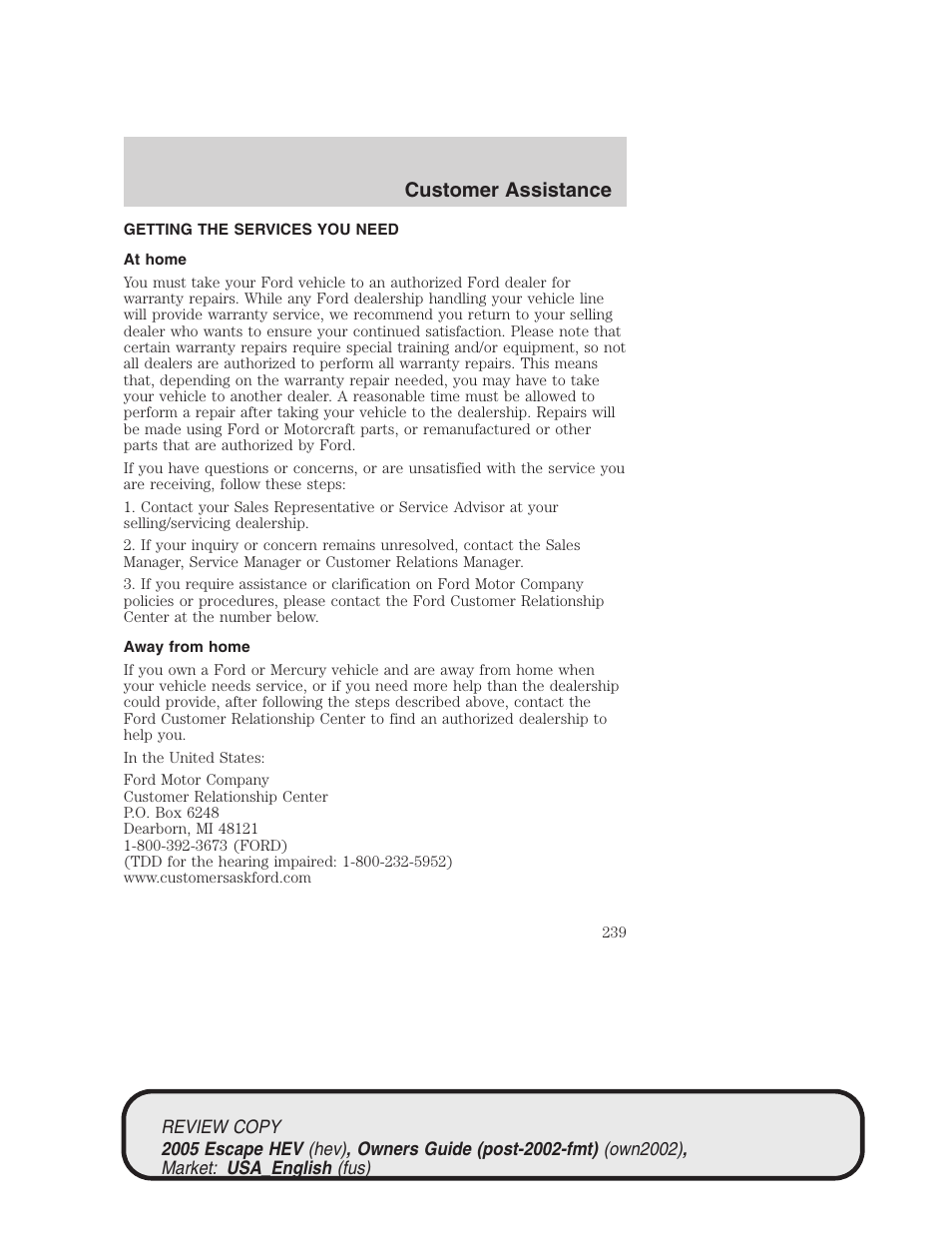 Customer assistance | FORD 2005 Escape Hybrid v.1 User Manual | Page 239 / 328