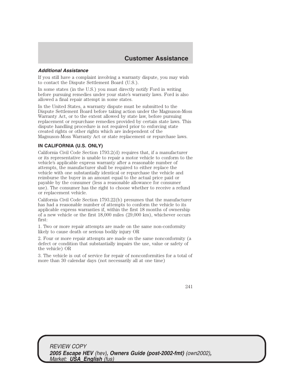 Customer assistance | FORD 2005 Escape Hybrid v.1 User Manual | Page 241 / 328