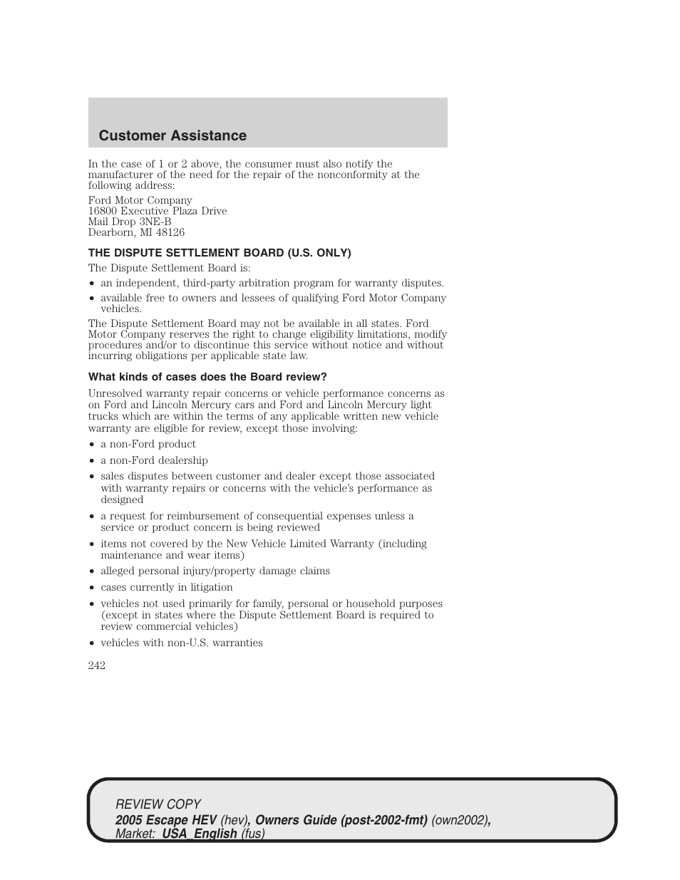 Customer assistance | FORD 2005 Escape Hybrid v.1 User Manual | Page 242 / 328