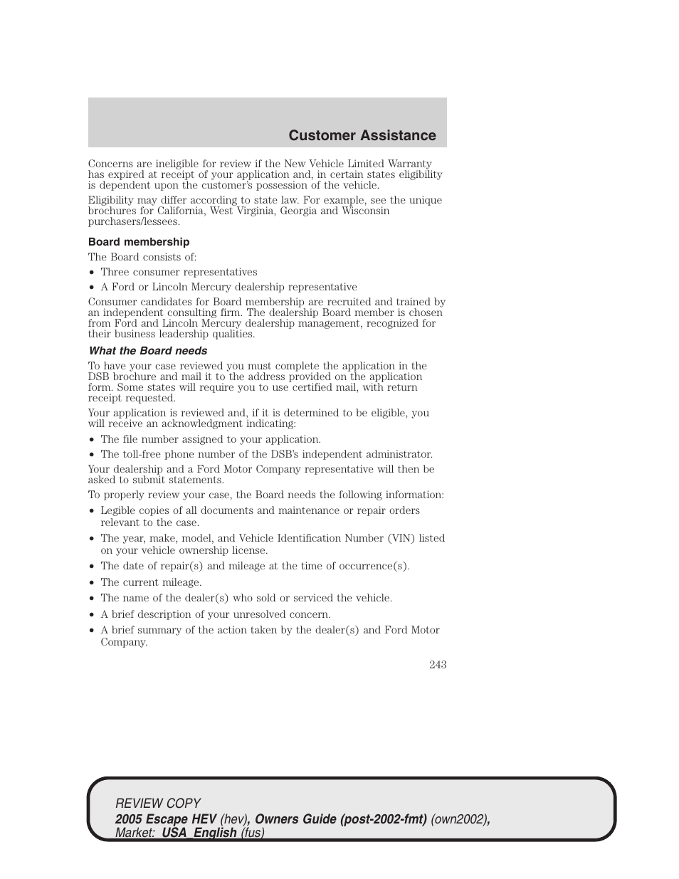 Customer assistance | FORD 2005 Escape Hybrid v.1 User Manual | Page 243 / 328