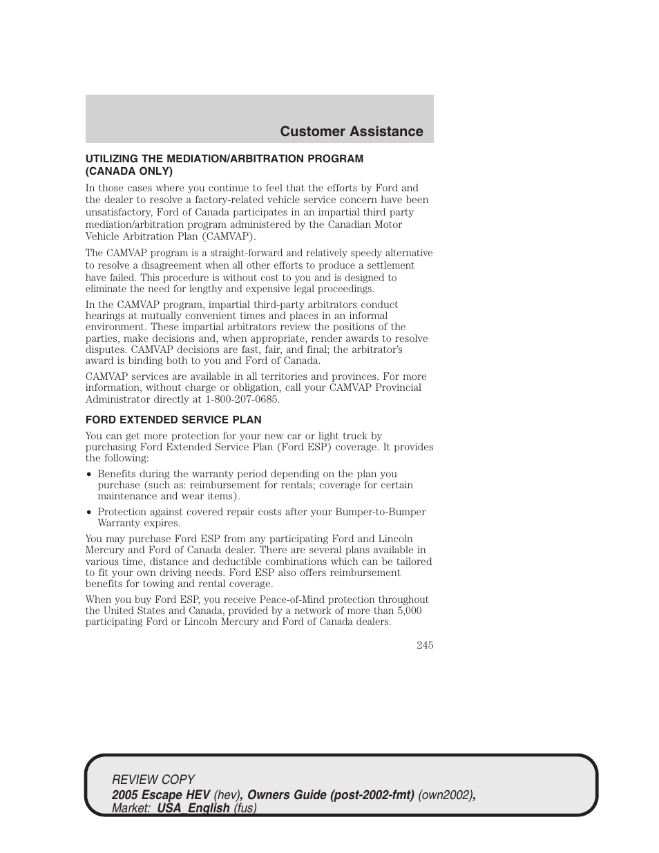 Customer assistance | FORD 2005 Escape Hybrid v.1 User Manual | Page 245 / 328