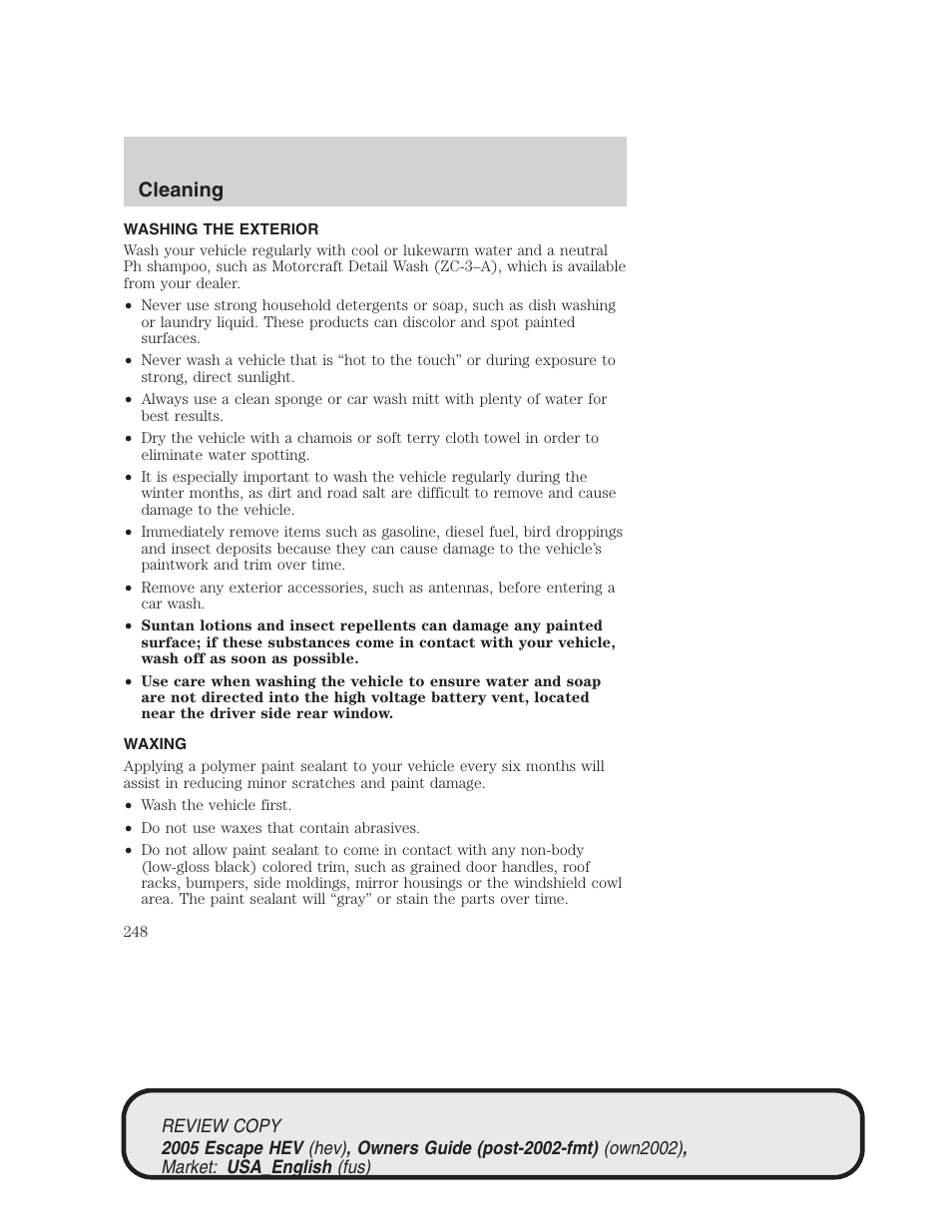 Cleaning | FORD 2005 Escape Hybrid v.1 User Manual | Page 248 / 328