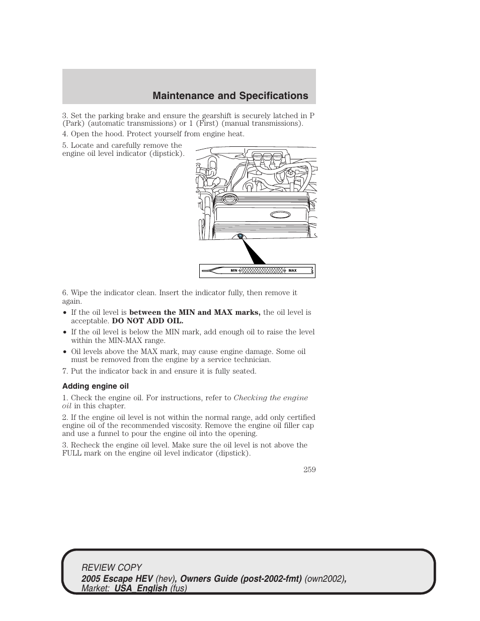 Maintenance and specifications | FORD 2005 Escape Hybrid v.1 User Manual | Page 259 / 328