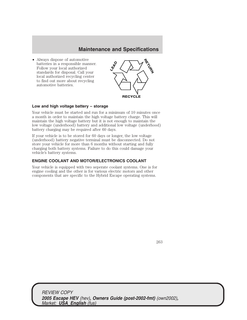 Maintenance and specifications | FORD 2005 Escape Hybrid v.1 User Manual | Page 263 / 328