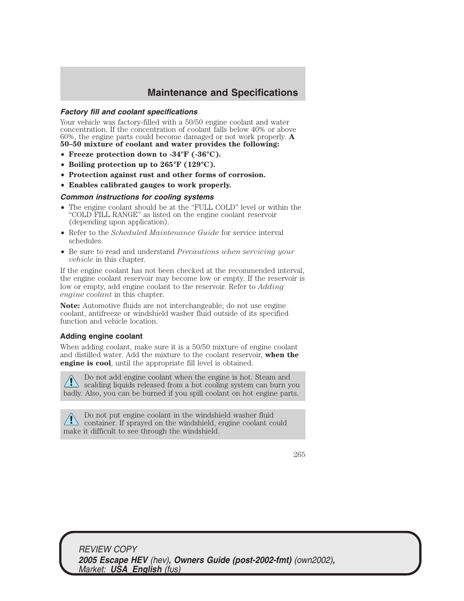 Maintenance and specifications | FORD 2005 Escape Hybrid v.1 User Manual | Page 265 / 328