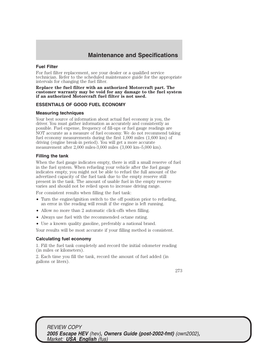 Maintenance and specifications | FORD 2005 Escape Hybrid v.1 User Manual | Page 273 / 328