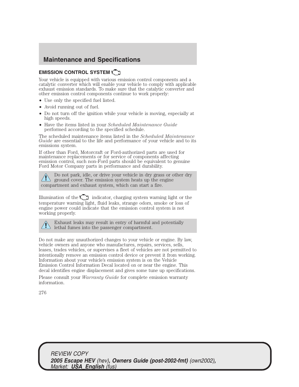 Maintenance and specifications | FORD 2005 Escape Hybrid v.1 User Manual | Page 276 / 328