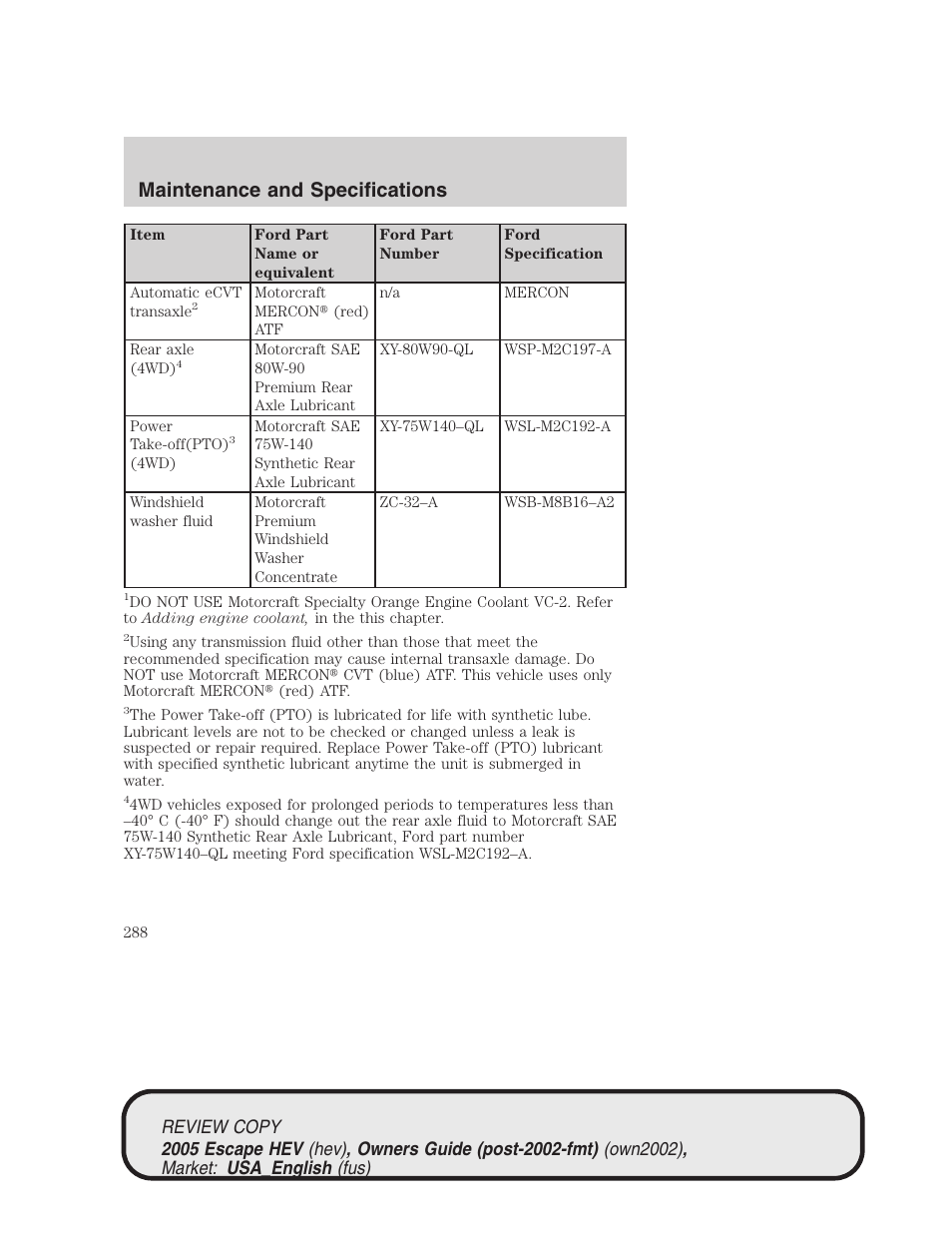 Maintenance and specifications | FORD 2005 Escape Hybrid v.1 User Manual | Page 288 / 328