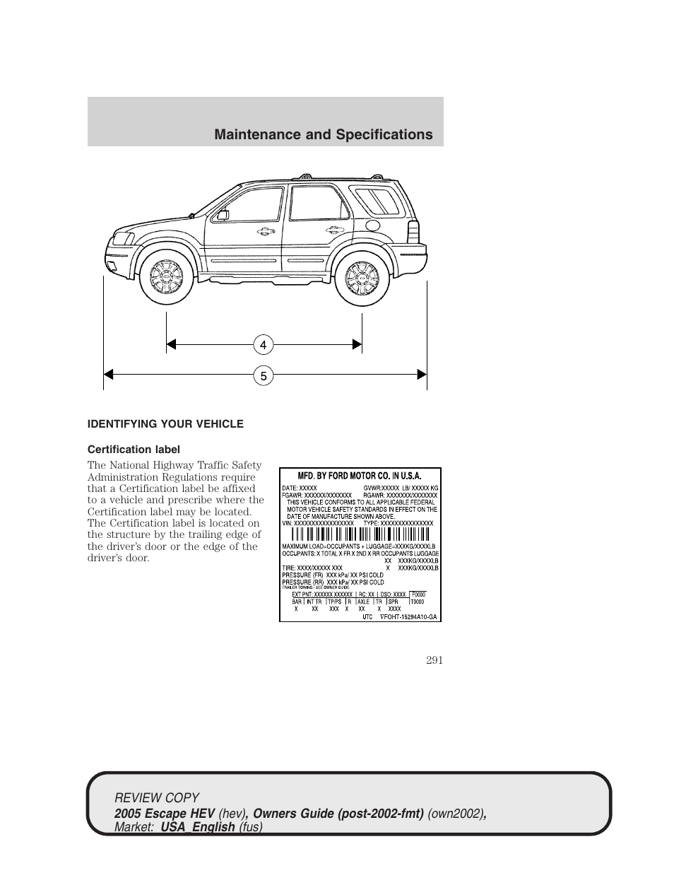 Maintenance and specifications | FORD 2005 Escape Hybrid v.1 User Manual | Page 291 / 328