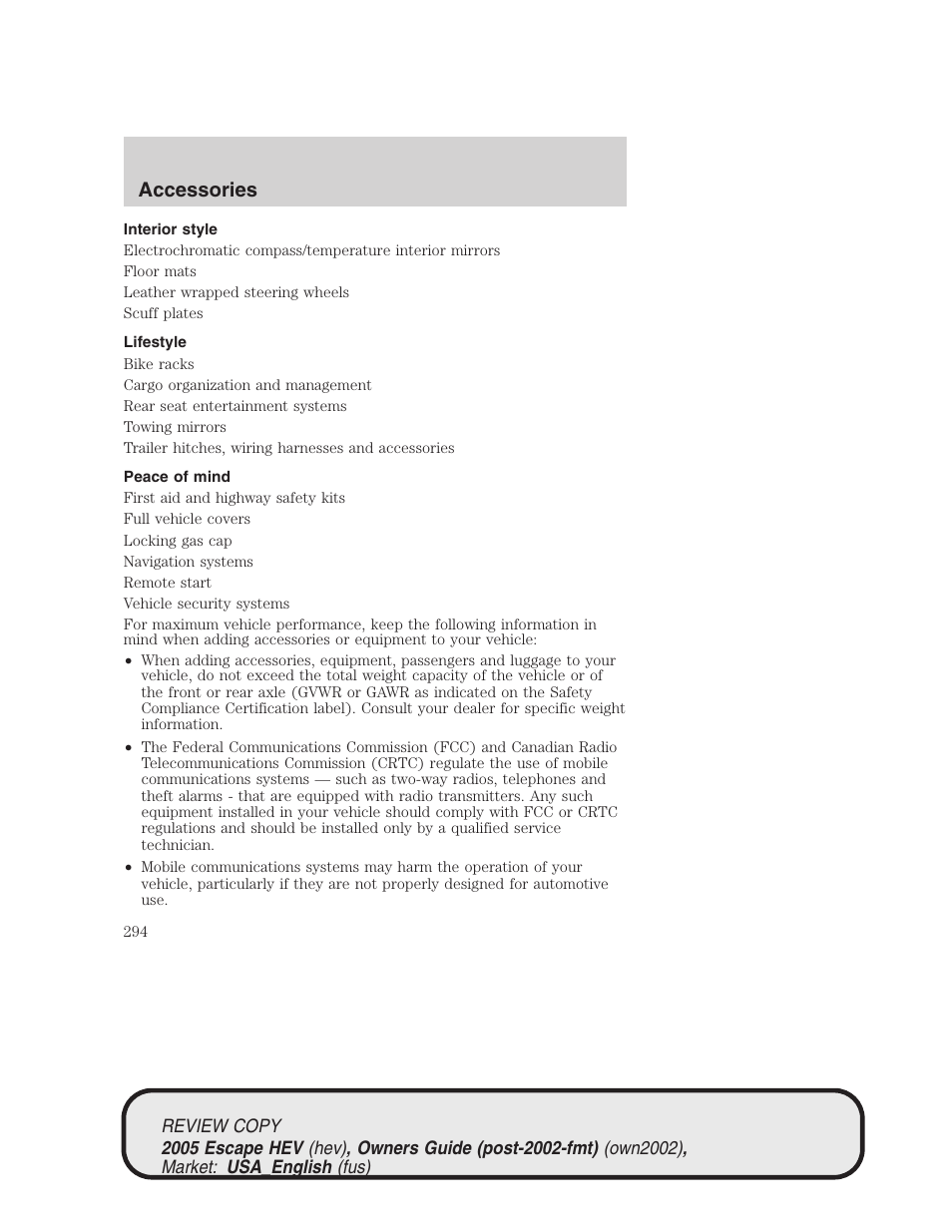 Accessories | FORD 2005 Escape Hybrid v.1 User Manual | Page 294 / 328