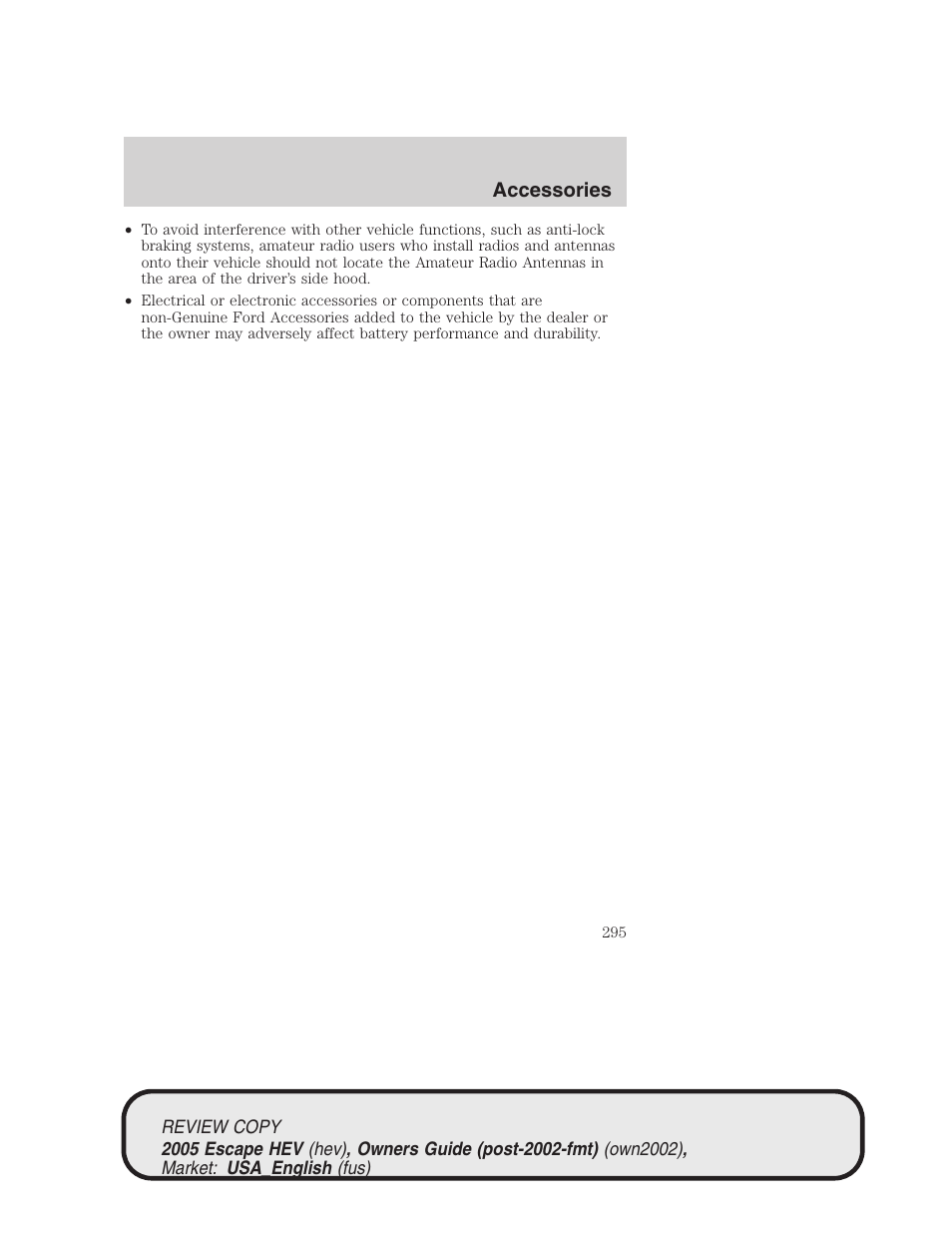 Accessories | FORD 2005 Escape Hybrid v.1 User Manual | Page 295 / 328